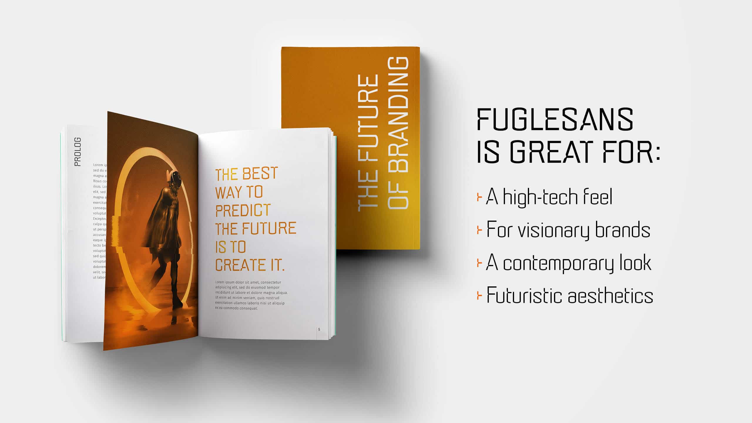 Marketing image for the font Fuglesans, book mockup. 