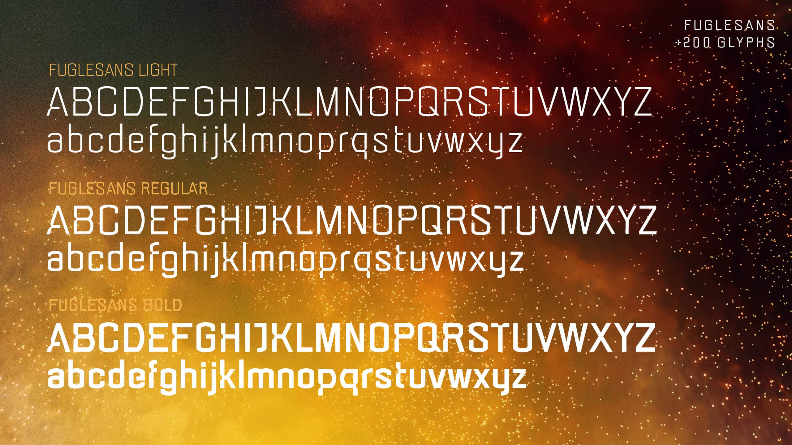 Marketing image for the font Fuglesans, the three available weights.