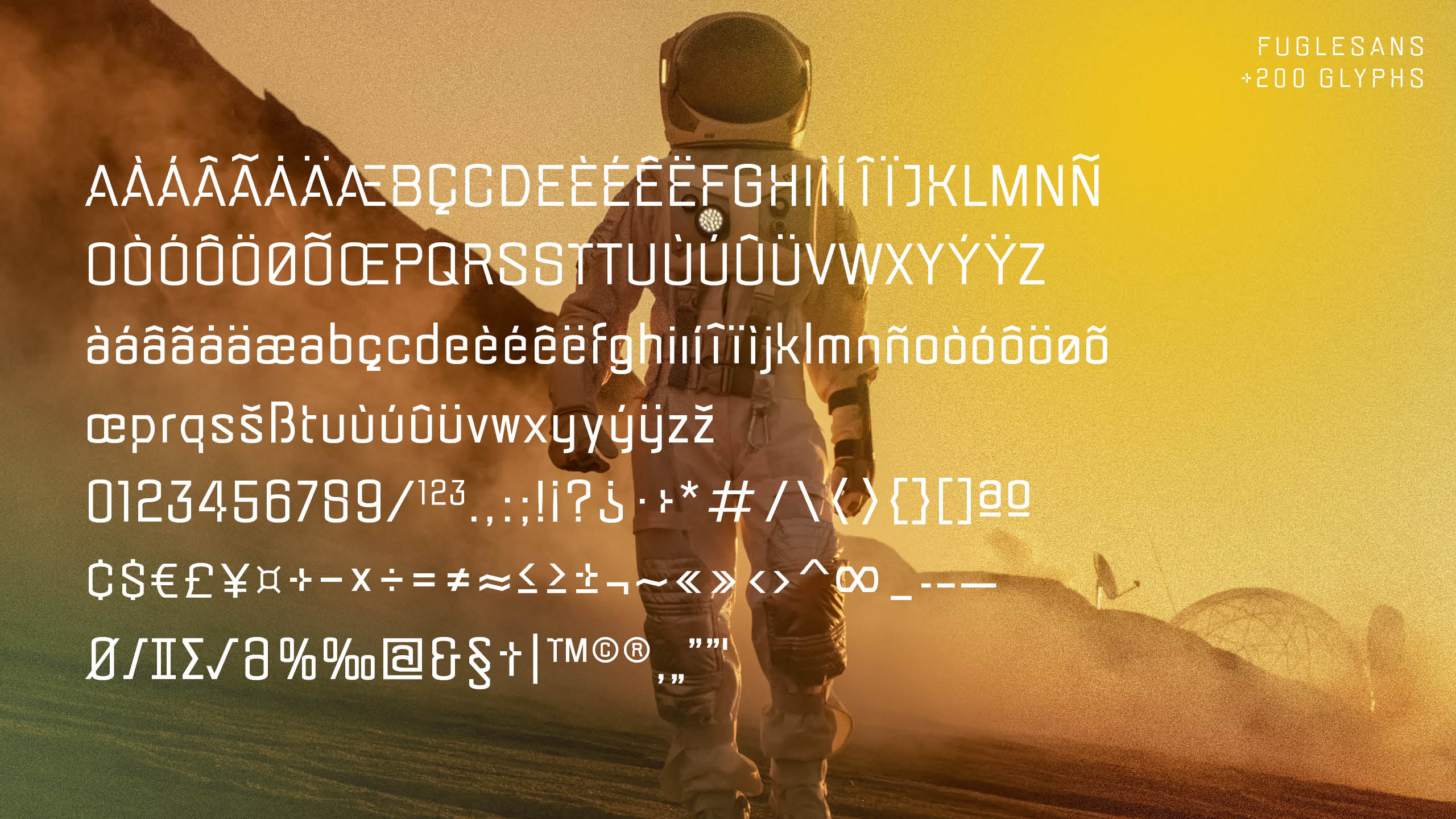 Marketing image for the font Fuglesans, all the glyphs.