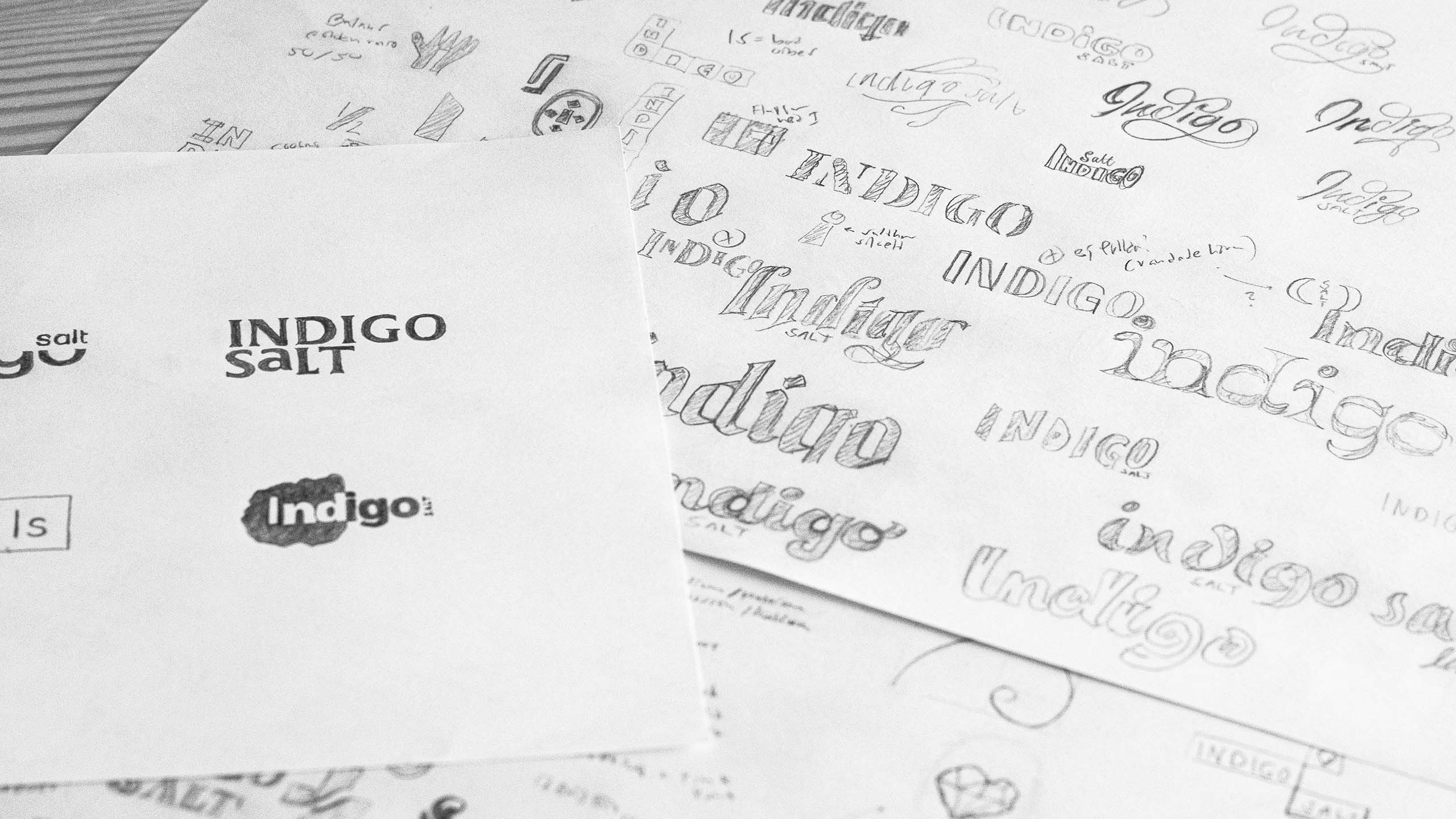 Sketches for the Indigo Salt identity. 