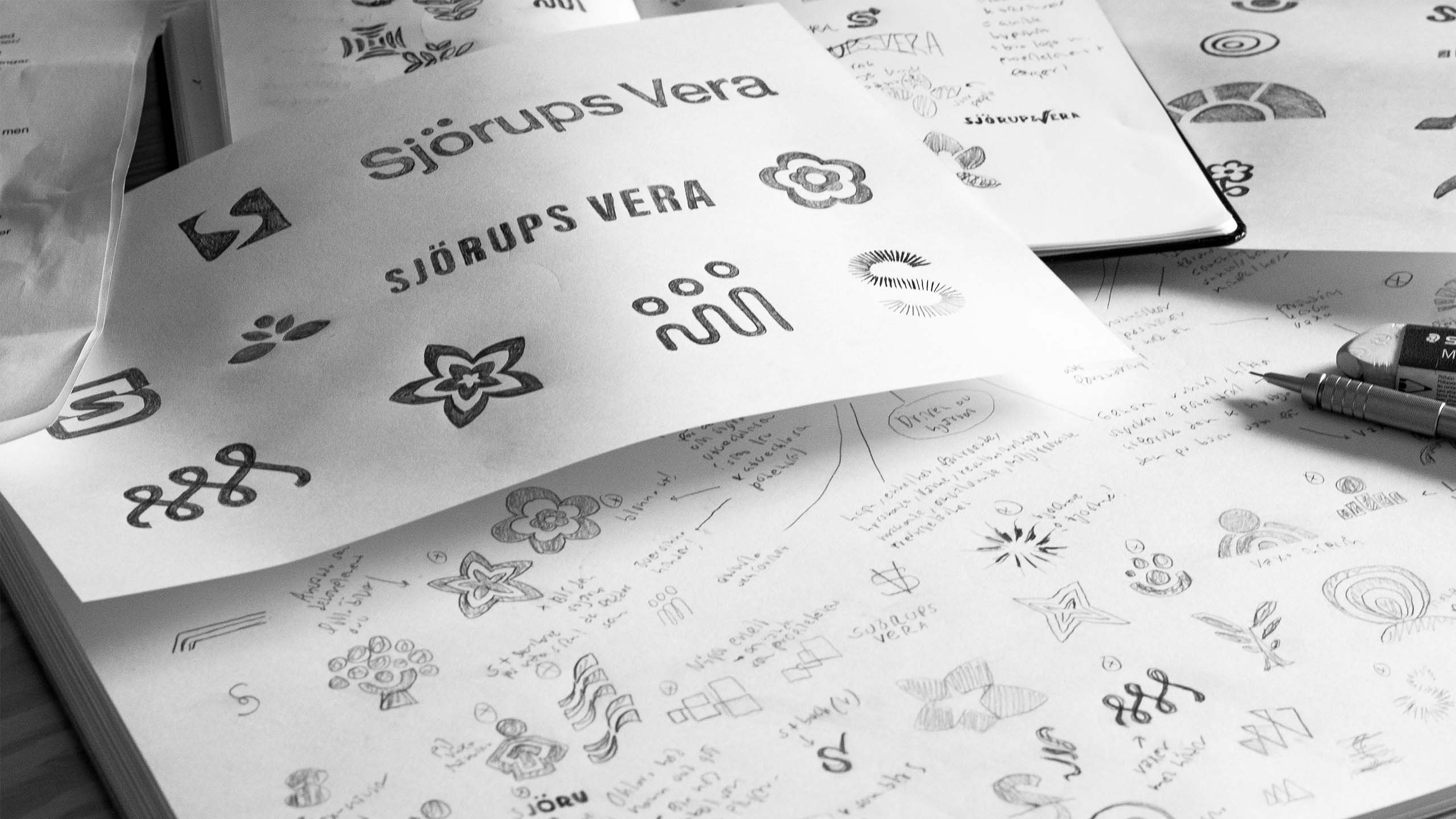 Hand-drawn sketches for the Sjörups Vera visual identity.